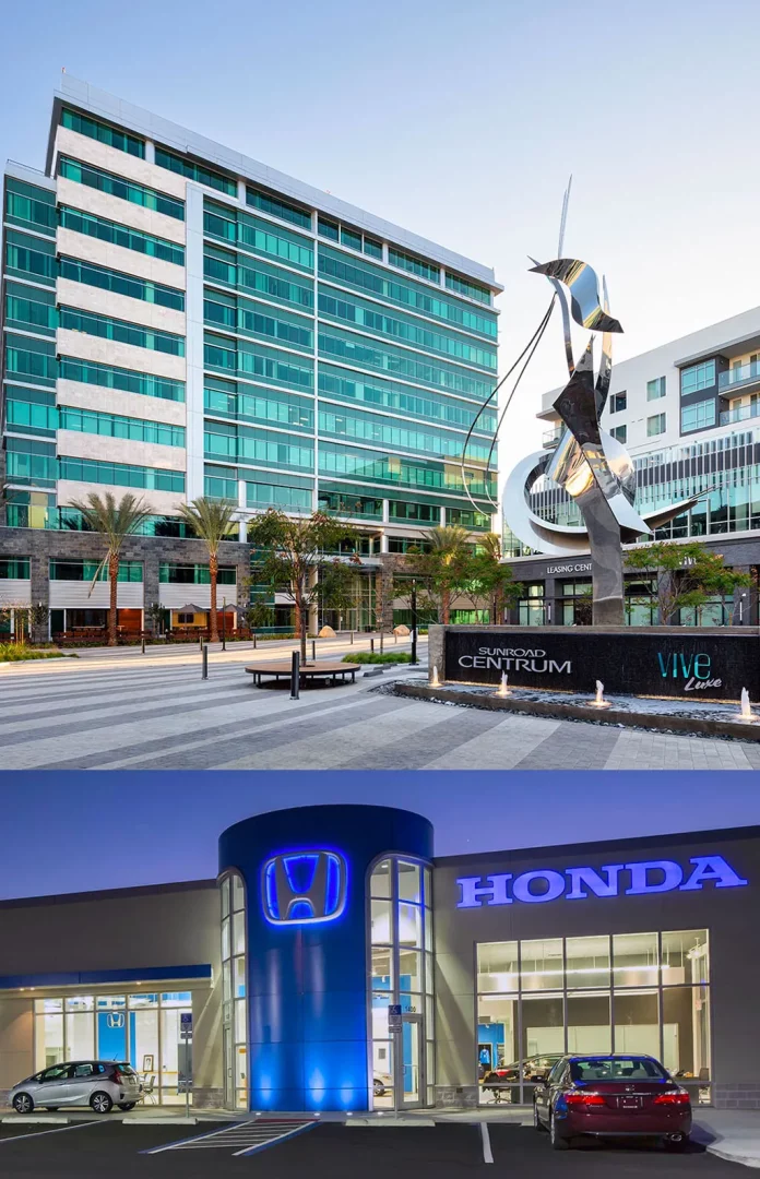 The buildings and the 45-foot-tall sculpture by Leonardo Nierman at Sunroad Centrum I & the front of a Honda dealership